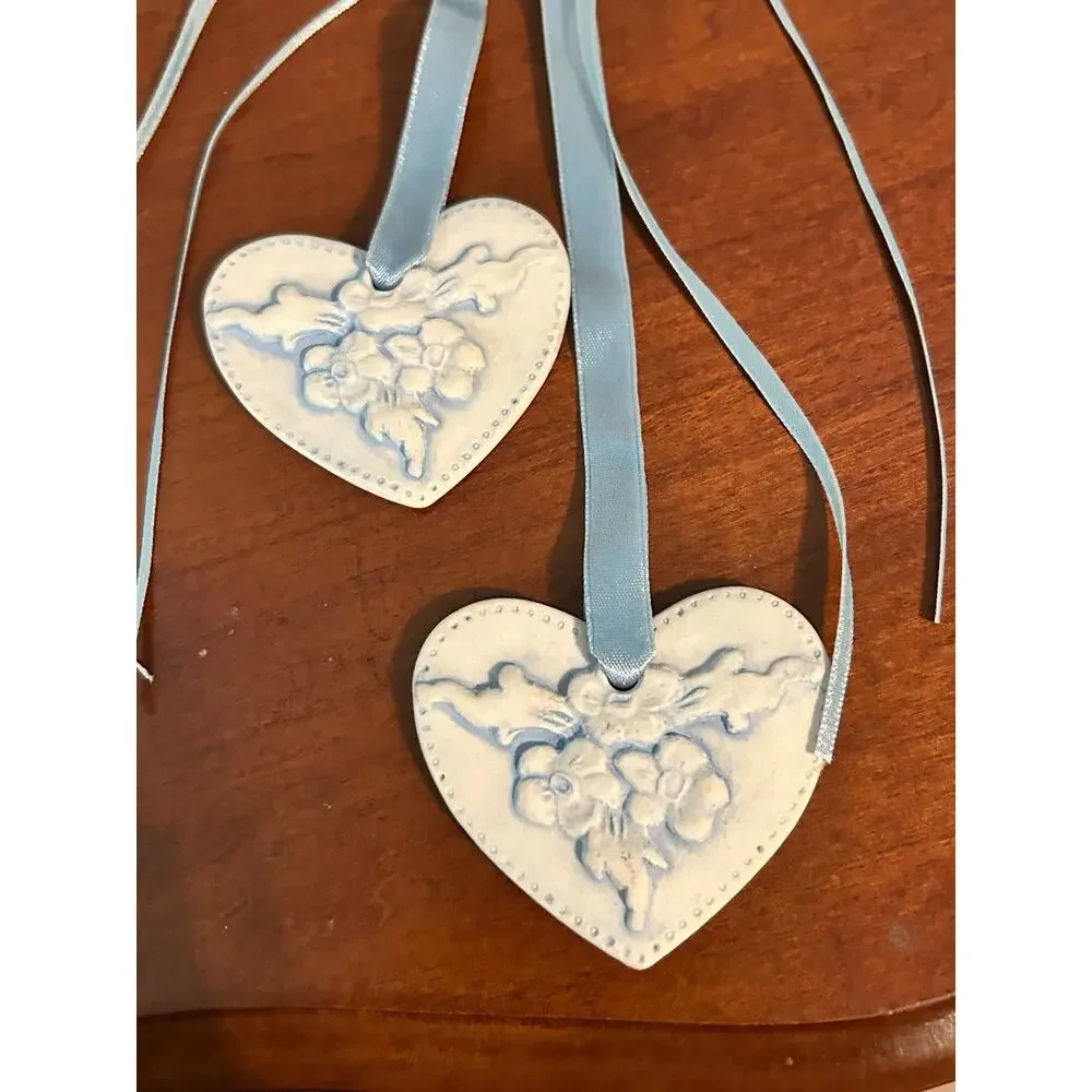 Blue Floral Clay Heart Hanging Ornament Ribbon Decor Handcrafted